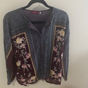 Johnny Was Blue and Burgundy Embroidered Button Down Shirt